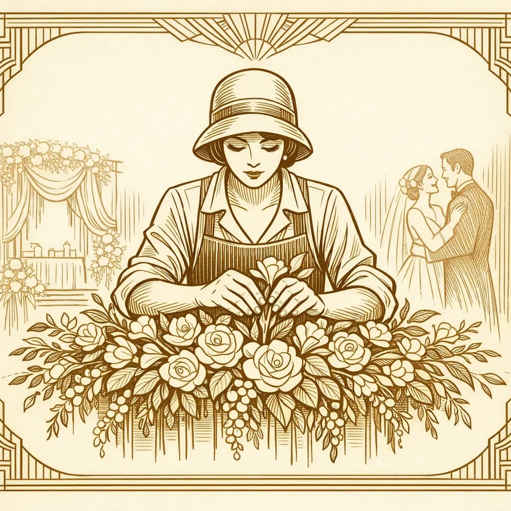 Wedding florist arranging final stems with quiet pride